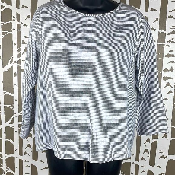 Tahari Linen Button Back Cropped Sleeve Striped Top XS - Picture 2 of 9